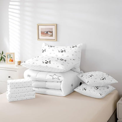 Feelyou Cartoon Comforter Set with Sheets 7 Piece Queen Size Kids Cute Animal Bed in a Bag for Boys Girls Kawaii Bedding Set Breathable Panda Bear Printed Black White Bed Set Room Decor
