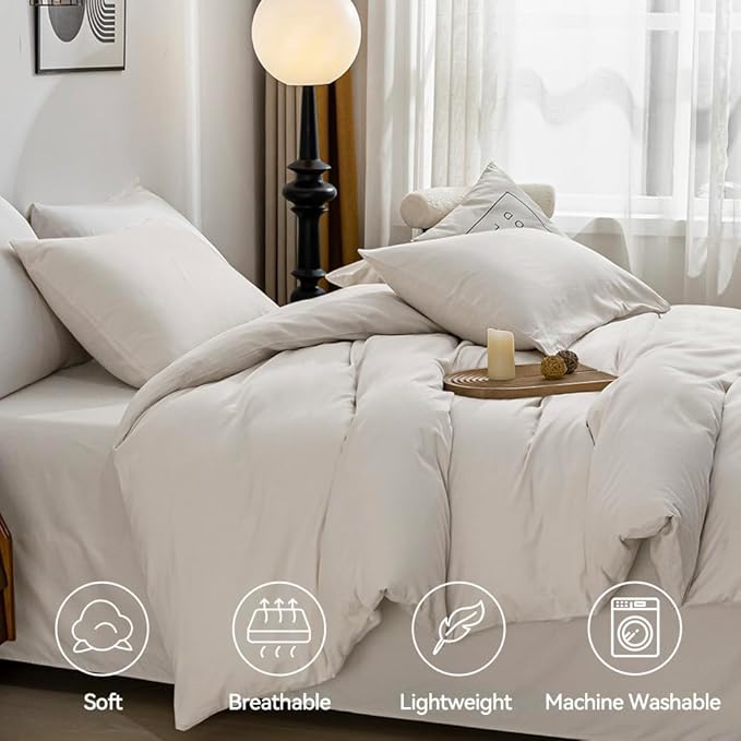 JELLYMONI Cotton Duvet Cover Full Size - Beige Comforter Cover with Button 100% Washed Cotton 3PCS Breathable Soft Solid Bedding Set Duvet Cover 80×90in & 2 Pillowcases (NO Comforter)