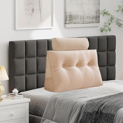 Velvet Triangular Headboard Wedge Pillow With Roll Pillow,Removable Cover Headboard Pillow Daybed Bunk Bed,Backrest Positioning Support Pillow Resting Reading Relaxing (Beige, Twin(39 * 20 * 8in))