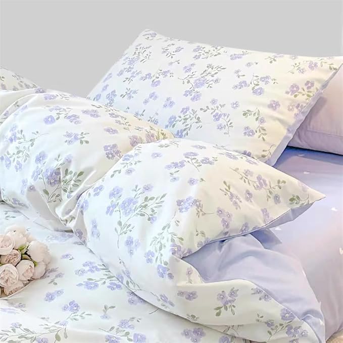Floral Duvet Cover Queen Size Purple Lavender Heart Bedding Set 3Pcs Spring Romantic Aesthetic Garden Flower Love Pattern Cooling Comforter Cover with Zipper Closure and 2 Pillowcases