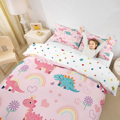 Castle Fairy Lovely Dino Bedding Sets Toddler Size,Cute Rainbow Floral Love Heart Reversible Duvet Cover 2Pcs for Kids Bedroom,Pink Blue Dinosaur Kawaii Animal Quilt Cover,1 Pillowcase (No Comforter)