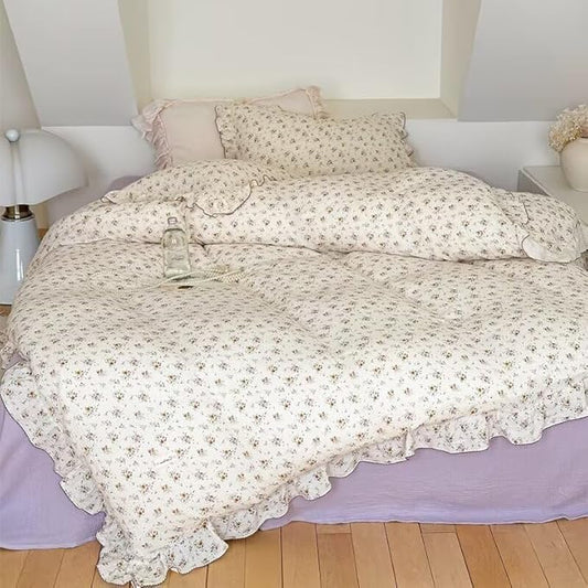 BuLuTu Muslin Ruffles Duvet Cover Set Full, Kids Teens Vintage Floral Quilt Cover + 2 Pillow Cases, Farmhouse Bedding Comforter Covers,Zipper Closure,Soft Breathable,Crapemyrtle Pattern