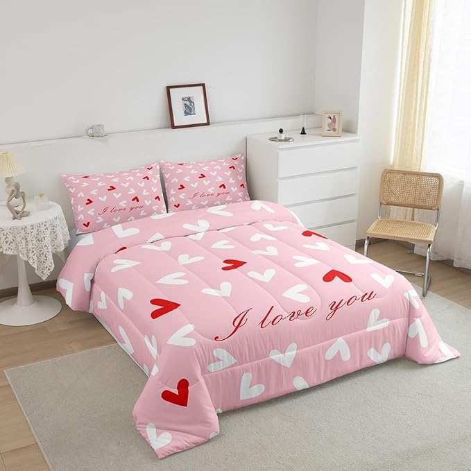 Feelyou Heart Comforter Set Toddler Size Valentine's Day Comforter for Boys Girls Teens Cute Bedding Set Kawaii Duvet Set Room Decor Pink Quilt Set
