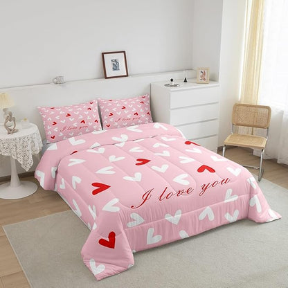 Feelyou Heart Comforter Set Queen Size Comforter for Boys Girls Teens Cute Bedding Set Kawaii Duvet Set Room Decor Pink Quilt Set