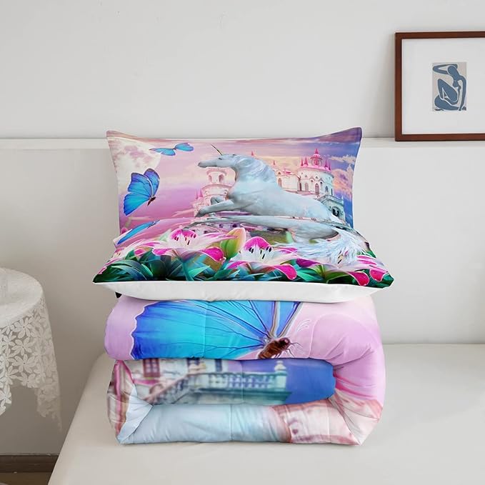 Feelyou Unicorn Bedding Set Jumping Unicorn Decor Comforter Set for Kids Boys Girls Magical Butterfly Lily Floral Comforter Princess Castle Quilt Set Room Decor 3Pcs Full Size