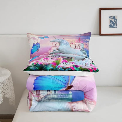 Feelyou Unicorn Bedding Set Jumping Unicorn Decor Comforter Set for Kids Boys Girls Magical Butterfly Lily Floral Comforter Princess Castle Quilt Set Room Decor 2Pcs Twin Size