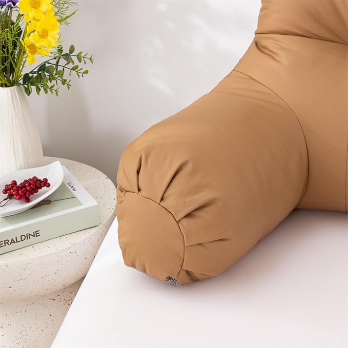 A Nice Night Faux Leather Reading Pillow for All Season,Wedge Bedrest Pillow Backrest with Arms Back Support for Sitting Up in Bed/Couch,Coral