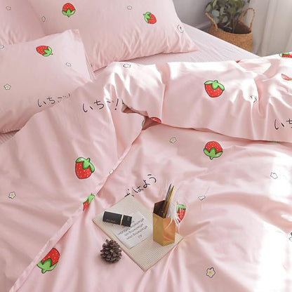 AOJIM Pink Kids Duvet Cover Set Cute Style, Pure Cotton Anime Bedding Comforter Cover Set 3pcs with Zipper Closure, 1 Super Soft Strawberry Duvet Cover and 2 Pillowcases for Room Decor, Twin XL Size