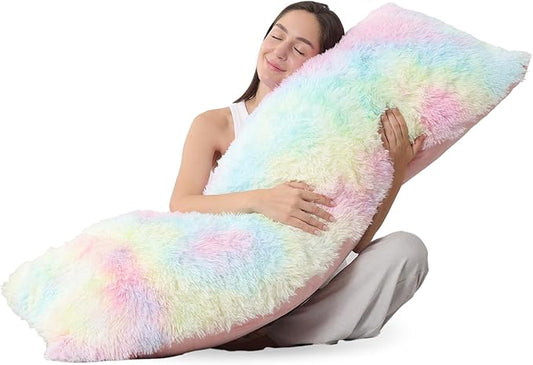 ZonLi Fluffy Faux Fur Rainbow Body Pillow,Adjustable Memory Foam Fill with Washable Cover，20x54 Long Pillow for Adults Girls & Kids, Side Sleep Body Pillow