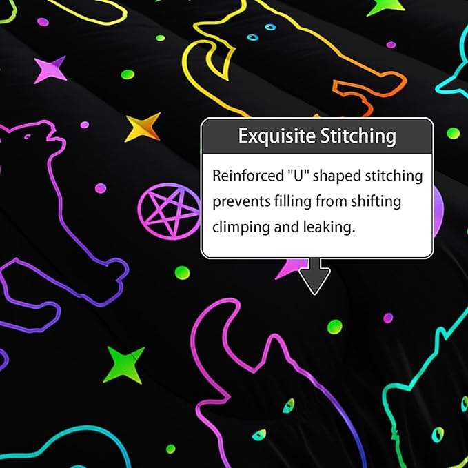 Axolotl Neon Cat Bedding Comforter Set King,Cartoon Gradient Line Cat Bedding,Colorful Neon Cats Animal Bed Set,Moon Stars Printed Kids Bedding for Boys Girls Adults,1 Quilt 2 Pillow Cases,Black