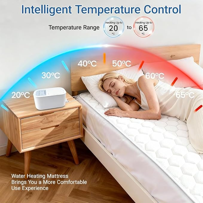 Water Heated Mattress - 20-65℃ Intelligent Temp Control, High-Grade Frosted PVC Hose, Comfort Hydraulic Heating, All-Season Use(Queen)