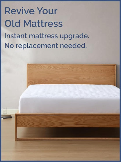 Quilted Fitted Mattress Pad Full Size - Elastic Fitted Mattress Topper Protector & Cover - Breathable, Soft, Low Profile Top Cover with 8-16 Inch Deep Pockets - Easy-Fit and Machine Washable - White