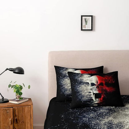 3D Skull Pattren Duvet Cover Set Twin Size Red Smoke Background Bedding Set Halloween Comforter Cover Cool Bedroom Decor