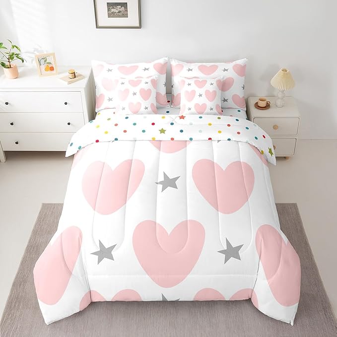 Feelyou Girls Cute Love Heart Comforter Set with Sheets 7 Piece Full Size Kids Lovely Warm Sweet Bed in a Bag Star Love Heart Pattern Bedding Set Breathable Romantic Pink Grey Bed Set Room Decor