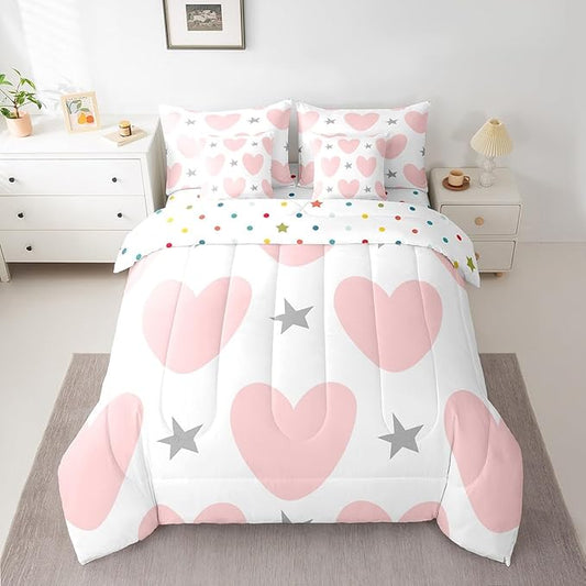 Feelyou Girls Cute Love Heart Comforter Set with Sheets 7 Piece Full Size Kids Lovely Warm Sweet Bed in a Bag Star Love Heart Pattern Bedding Set Breathable Romantic Pink Grey Bed Set Room Decor
