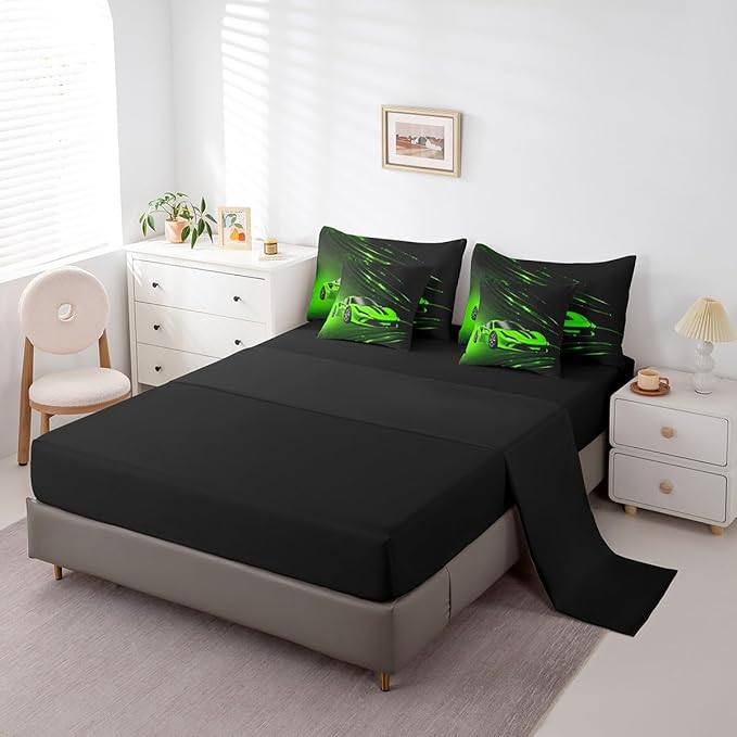 Feelyou Boys Green Race Car 7 Piece Bedding Set King Size Speed Sports Car Comforter Set with Sheets for Kids Teens Adult Fast and Furious Bed in a Bag Green Ombre Bed Set