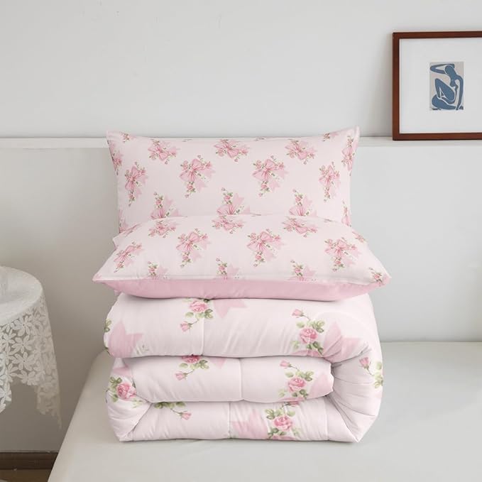 Erosebridal Cute Pink Floral Queen Comforter Set,Pink Coquette Bow Bedding Sets for Girls Kids Women,Princess Bowknot Bed Set,Boho Flower Wildflower Room Decor with 2 Pillowcases,Ultra Soft