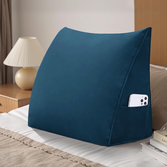 Wedge Headboard Reading Pillow for Bed Velvet Triangular Backrest Bolster Pillow for Sitting Up Daybed Cushion Lumbar Body Support Positioning for Headboard, Couch, Dorm, Deepblue