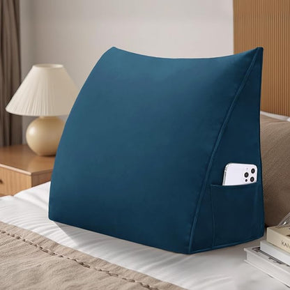 Wedge Headboard Reading Pillow for Bed Velvet Triangular Backrest Bolster Pillow for Sitting Up Daybed Cushion Lumbar Body Support Positioning for Headboard, Couch, Dorm, Deepblue