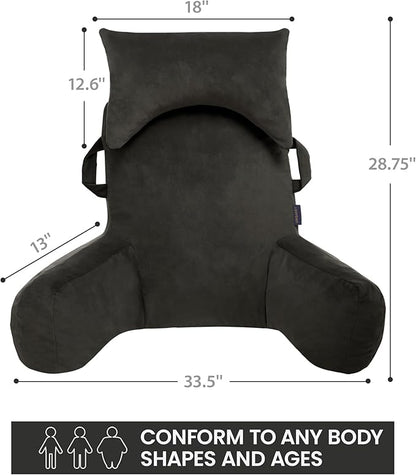 Portable Reading Pillows with Headrest for Bed Sitting Up(Grey Oeko-Tex), Velvet Back Pillow with Arms & Pockets for Adults, Support Memory Foam Bed Pillow for Dorm/Reading/Watching/Gaming