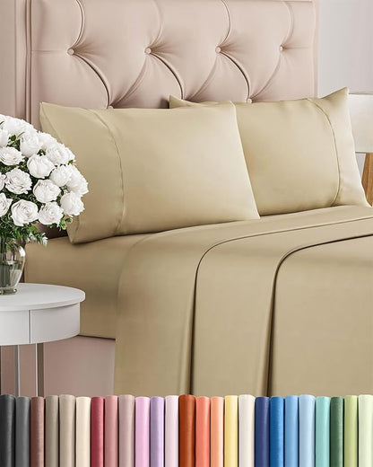 Twin 4 Piece Sheet Set - Comfy Breathable & Cooling - Ultra Soft Hotel Luxury Bedding Set with 8-16 Inch Deep Pockets - 1 Flat & 1 Fitted Sheet & 2 Pillowcases - Cozy, Wrinkle Free & Easy Care - Beige