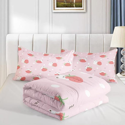 QOOMO Cartoon Bear Comforter King Size,Pink Strawberry Bedding Set for Kids Teens Girls,3Pcs Bedding Set Printed Comforter with 2 Pillowcases,Down Alternative,Soft and Lightweight，King Size