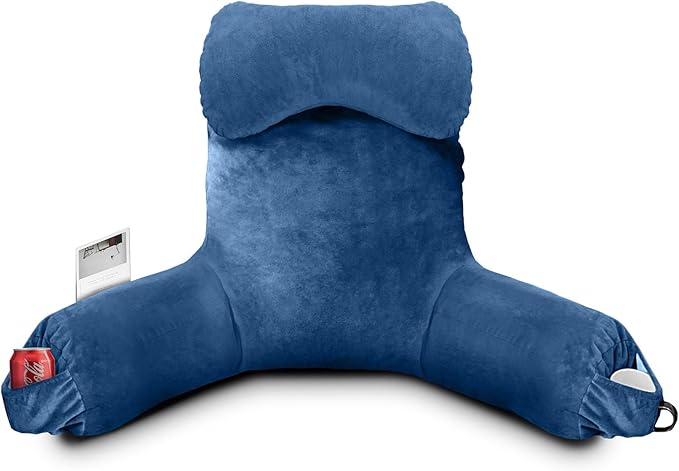 Reading Pillow for Sitting in Bed Adult, Bed Pillow with Shredded Memory Foam, 25''H Pillow with Detachable Neck Roll, Washable Cover, Sitting Up with Extend Arms, Navy