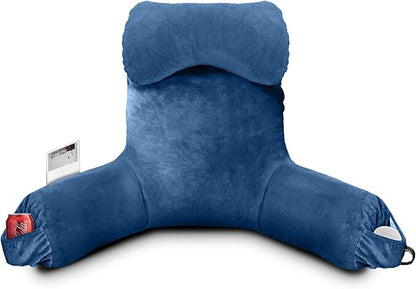 Reading Pillow for Sitting in Bed Adult, Bed Pillow with Shredded Memory Foam, 25''H Pillow with Detachable Neck Roll, Washable Cover, Sitting Up with Extend Arms, Navy