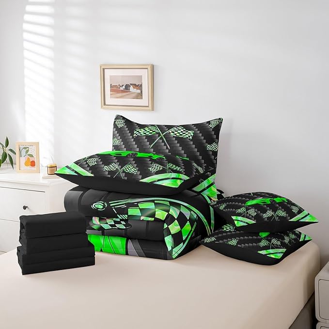 Feelyou Green Race Car 7 Piece Bedding Set King Size Extreme Sports Comforter Set with Sheets for Kids Teens Adult Fast and Furious Bed in a Bag Dazzling Flag Bed Set