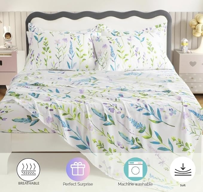SDY 7PCS Floral Bedding Set Full Size Bedding Set Girl Boys Kids,Bed in A Bag Full with Floral Comforter, Flat Sheet, Fitted Sheet and Pillowcases & Shams