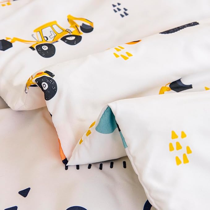 URBONUR 4-Piece Toddler Bedding Set for Boys Construction Car Printed Vehicles Toddler Comforter Set with Sheets Lightweight and Soft Perfect for Kids 2-6 Year Old Toddler Bed in a Bag