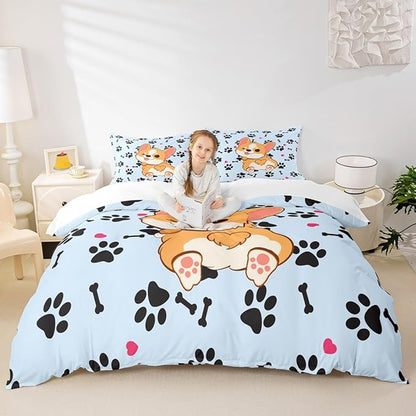 Cute Corgi Duvet Cover Set Twin Size,Cartoon Dog Footprint Bones Bedding Set 2pcs for Kids Boys Girls Room Decor,Smiling Doggy Comforter Cover Family Paw Quilt Cover with 1 Pillowcase,Blue