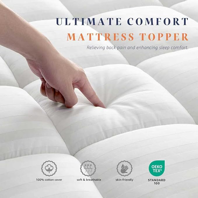 Pillow Top Thick Mattress Topper Twin XL for College Dorm Room Essentials, 100% Breathable Cotton Cover Bed Protector with 8-22" Deep Pocket (39 x 80 Inches, White)