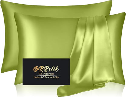 Silk Pillowcase 2 Pack, Mulberry Silk Pillow Cases Queen Size Set of 2, Anti Acne Silk Pillowcase for Hair and Skin, Natural Silk Satin Pillowcases for Sleeping Women 2 Pack with Zipper, Olive Green