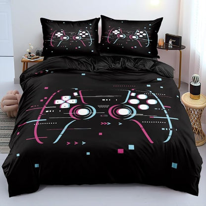 Full Size Gamepad Bedding Set with Duvet Cover & Pillowcases - Bold Gaming Controller Print Comforter Cover, Black Background Pink/Blue Stitched Lines Bed Sets