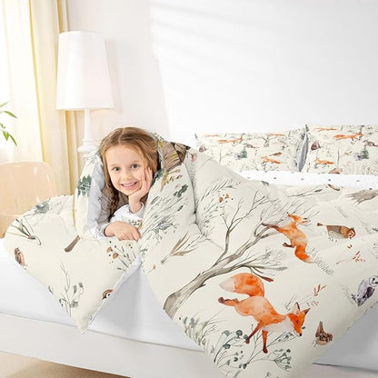 Kids Cute Animals Comforter Set Twin Size Cartoon Bear Fox and Rabbit Bedding Set 2Pcs for Girls Boys Adult Room Decor Foggy Tree Jungle Plants Quilt Set Hunt Adventure Duvet Insert,Beige