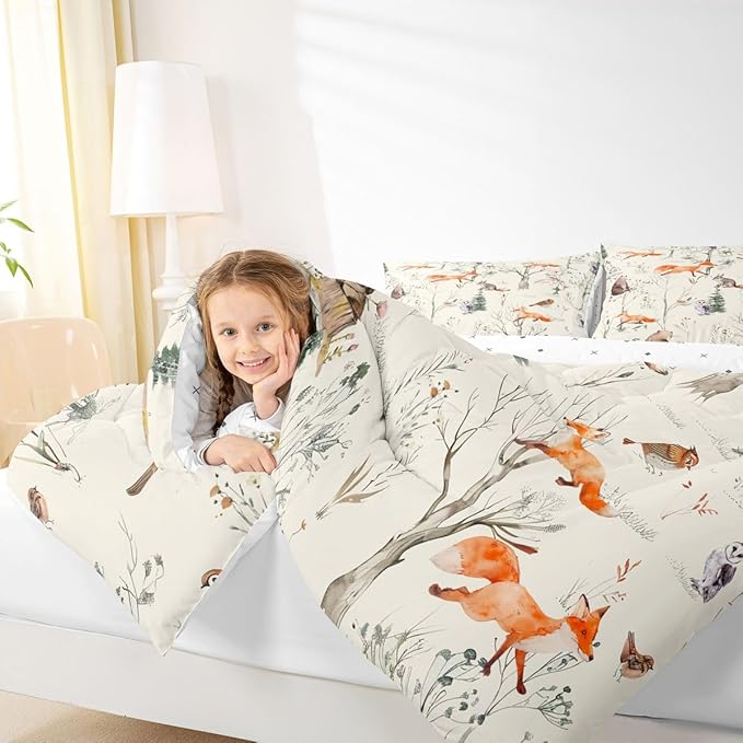 Kids Cute Animals Comforter Set King Size Cartoon Bear Fox and Rabbit Bedding Set 3Pcs for Girls Boys Adult Room Decor Foggy Tree Jungle Plants Quilt Set Hunt Adventure Duvet Insert,Beige