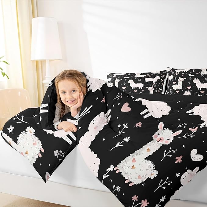 jejeloiu Cute Llama Comforter Set All Season Pink Love Heart Bedding Set with 2 Pillow Cases Floral Flower Microfiber Kids King Bedclothes Kawaii Animal Bedroom Decor Duvet Quilt Soft