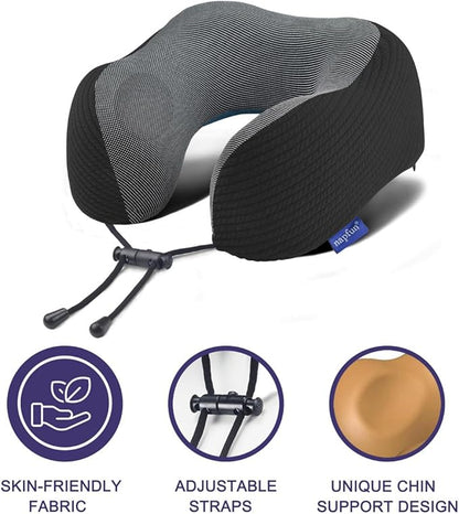 napfun Neck Pillow for Traveling, Upgraded Travel Neck Pillow for Airplane 100% Pure Memory Foam Travel Pillow for Flight Headrest Sleep, Portable Plane Accessories, Striped Black