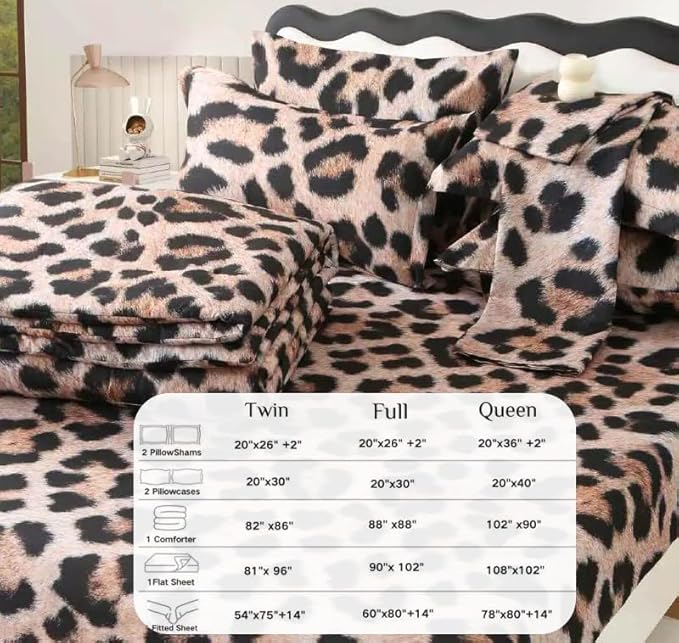SDY 7PCS Leopard Bedding Set Queen,Animal Print Bedding for Kids, Toddler, Girls, Boys with Cheetah Comforter Set and Cheetah Sheets（no Velvet, just Velvet Look）