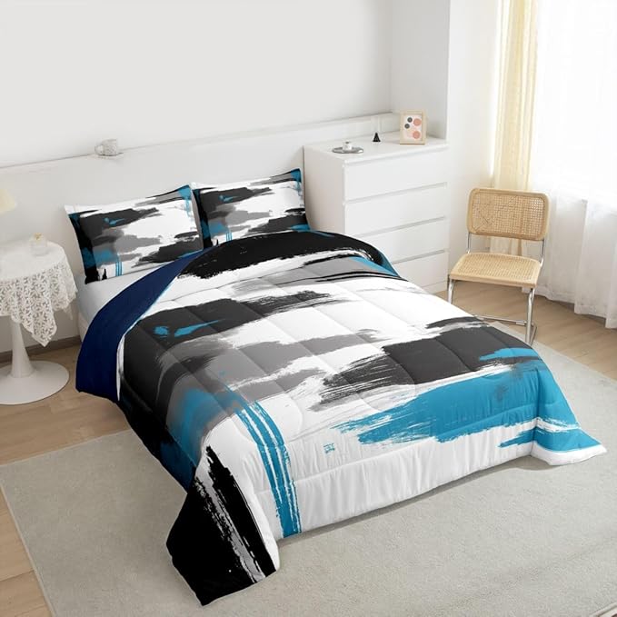 Feelyou Abstract Comforter Modern Abstract Art Comforter Set for Boys Girls Children White Grey Blue Pattern Bedding Set Room Decor King Size Duvet Set 3Pcs