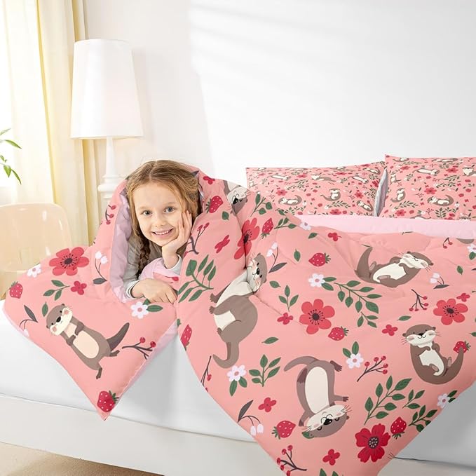 Lovely Otter Comforter Set Queen Size 3 Pcs Cartoon Pink Strawberry Flowers Decor Comforter for Kids Boys Girls Cute Wild Animals Rustic Style Bedding Set with 2 Pillowcases+1 Comforter