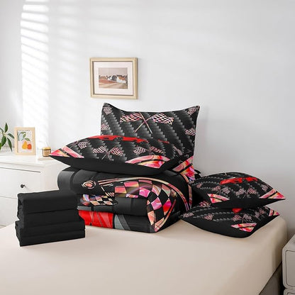 Feelyou Red Race Car 7 Piece Bedding Set Full Size Extreme Sports Comforter Set with Sheets for Kids Teens Adult Fast and Furious Bed in a Bag Dazzling Flag Bed Set
