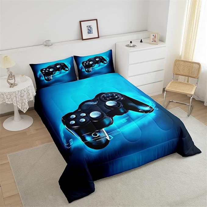 Feelyou Gamer Bedding Set for Boys Toddler Size Comforter Set Kids Gaming Comforter Blue Gamer Room Decor Video Game Gamepad Bed Set Teens Teenage Bedding Soft Warm 1 Comforter with 1 Pillowcases