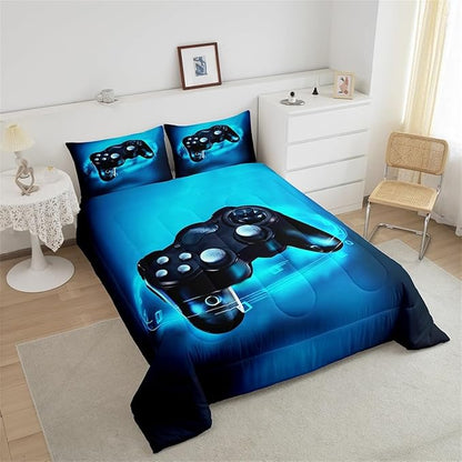 Feelyou Gamer Bedding Set for Boys Toddler Size Comforter Set Kids Gaming Comforter Blue Gamer Room Decor Video Game Gamepad Bed Set Teens Teenage Bedding Soft Warm 1 Comforter with 1 Pillowcases