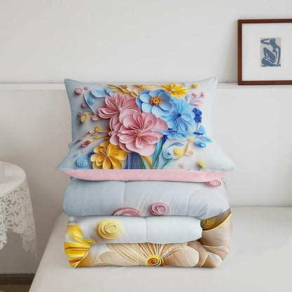 Erosebridal Vintage Floral Queen Comforter Set,Pink and Blue Flower Bedding Sets for Girls Women Kids,Boho Flowers Wildflower Bed Set,Country Cottage Core Room Decor with 2 Pillowcases,Ultra Soft