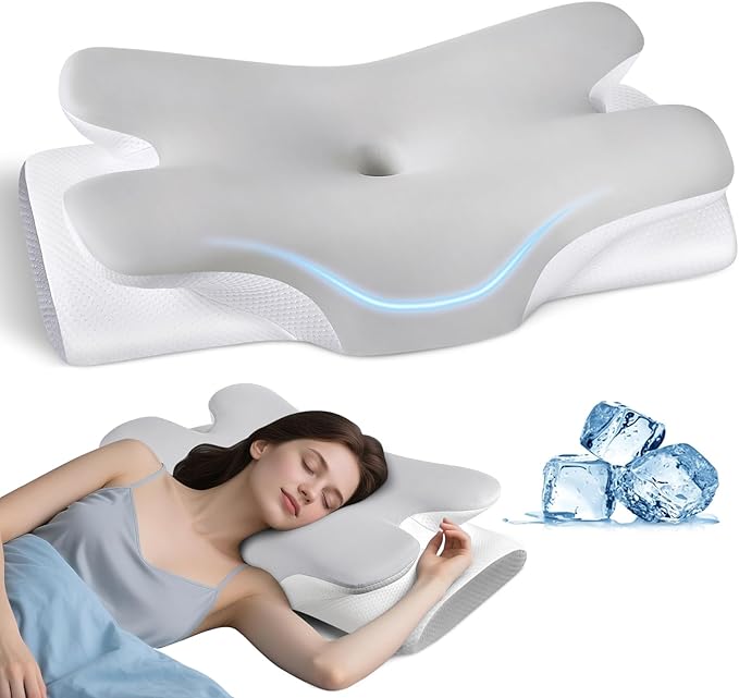 Cervical Neck Pillow for Neck Shoulder Pain Relief, Soft Contour Side Sleeper Pillow of 2 Heights, Odorless Q-max Cooling Memory Foam Orthopedic Bed Pillow for Back Stomach Sleeper