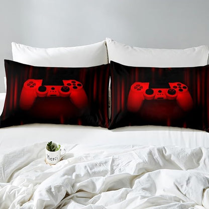 Feelyou Boys Gamer Comforter Set - Toddler Size Gaming Bedding Set for Kids & Teens - Super Soft Red & Black Bed Set with Geometric Duvet & Quilted Gamer Gift
