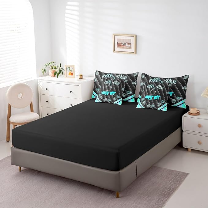 Feelyou Teal Race Car 7 Piece Bedding Set King Size Extreme Sports Comforter Set with Sheets for Kids Teens Adult Fast and Furious Bed in a Bag Dazzling Flag Bed Set