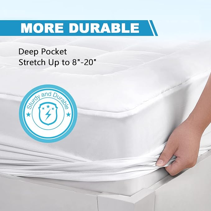 Full Mattress Pad Cover Pillow Top with Stretches to 18” Deep Pocket Fits Up to 8”-21” Cooling White Bed Topper (Down Alternative, Full Size)